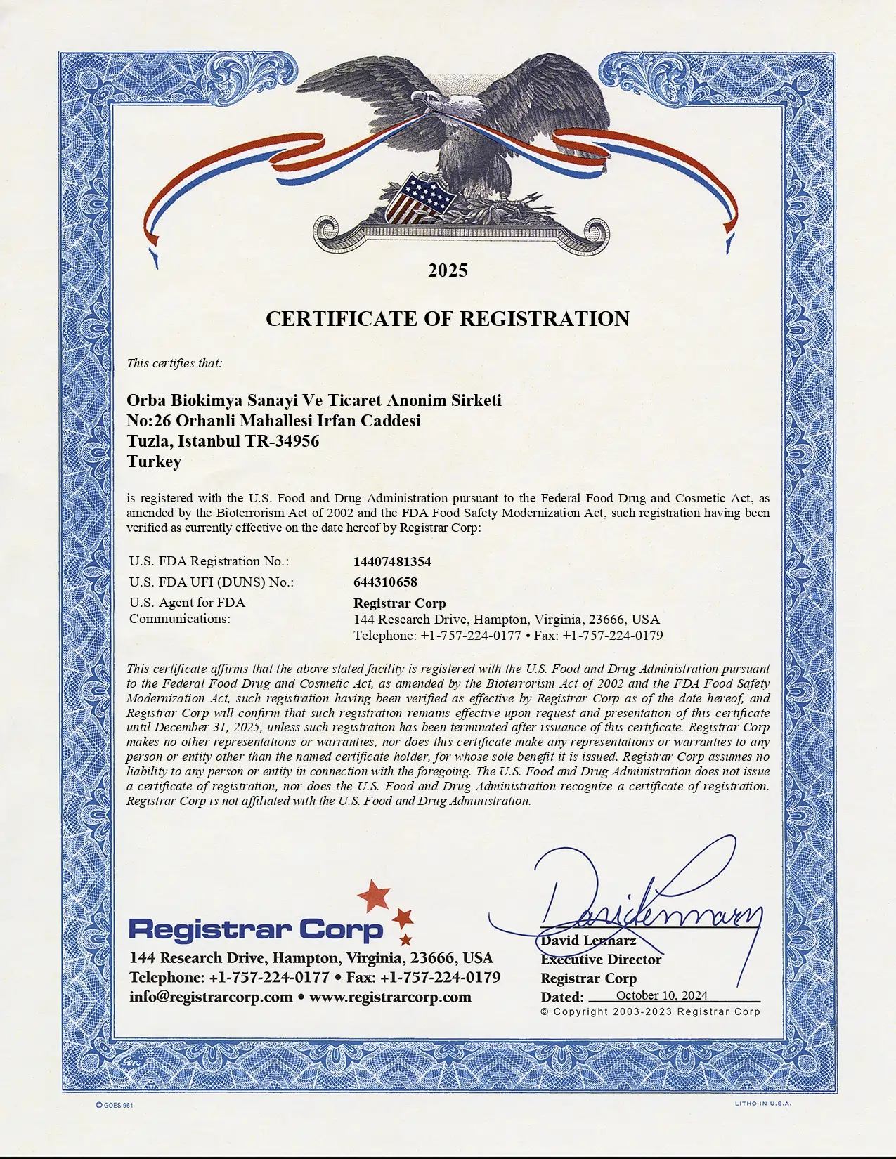 FDA CERTIFICATION 2025
