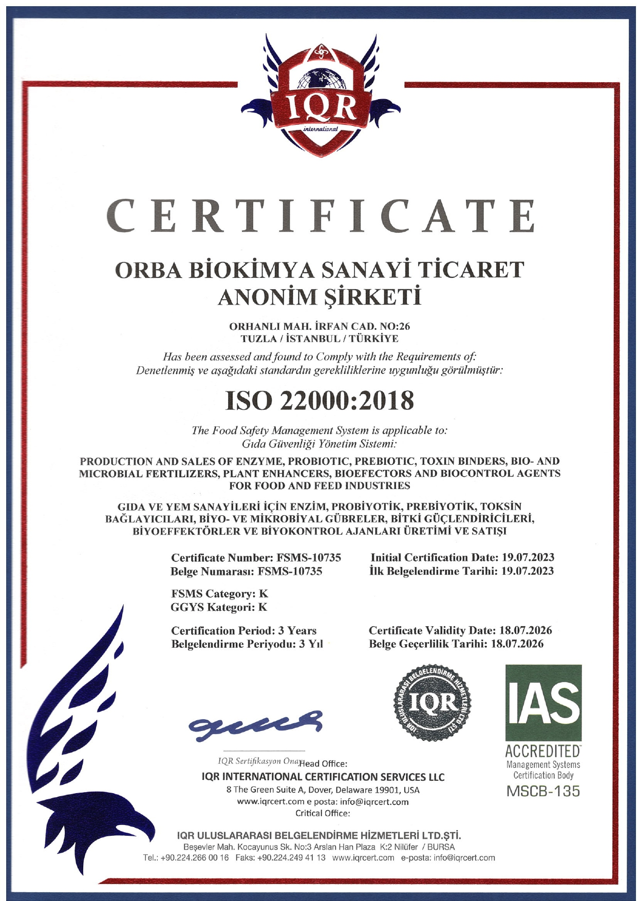 Orba ISO 22000 Certificate